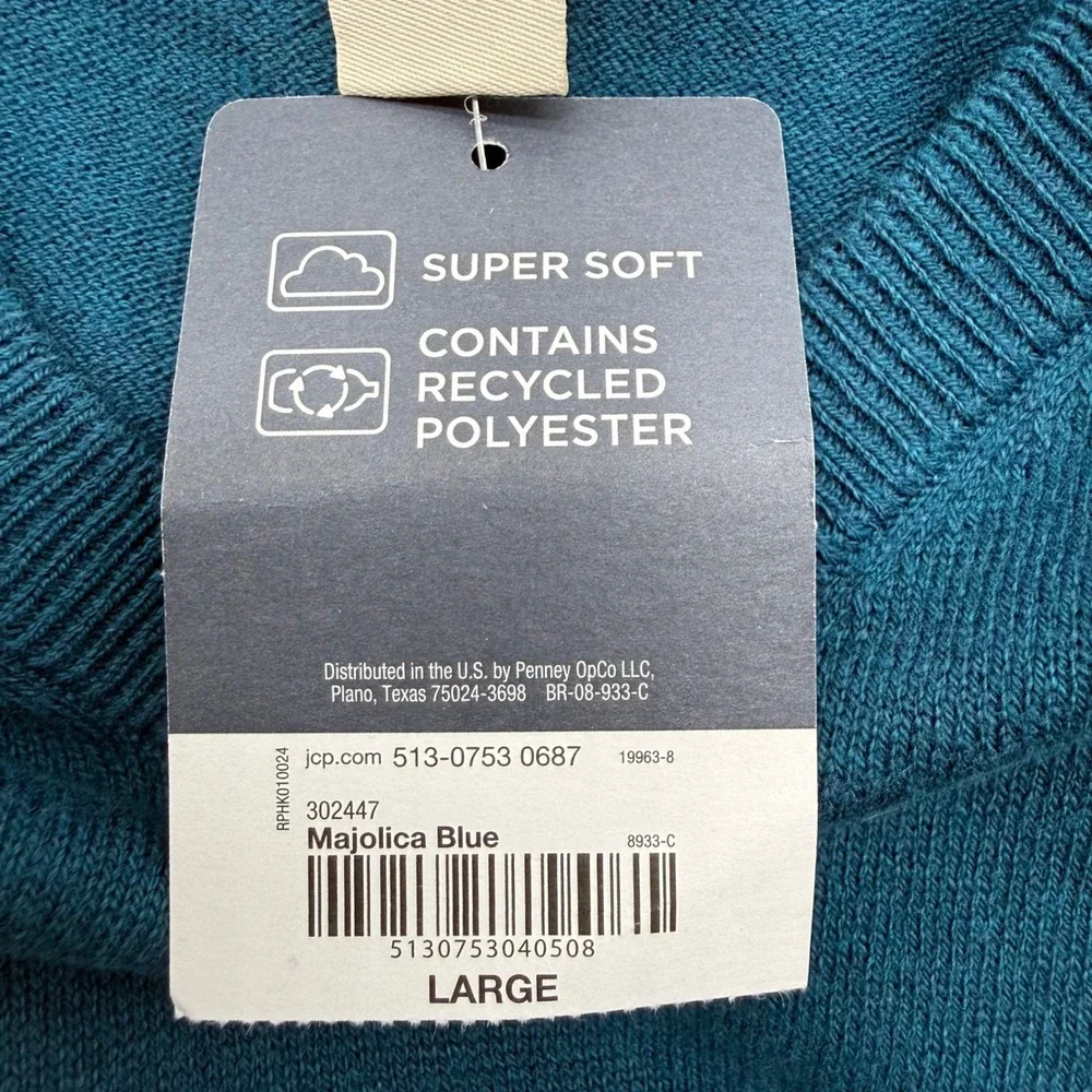 St. John's Bay Sweater Mens L Majolica Blue V-Neck Super Soft Cotton Blend 5602